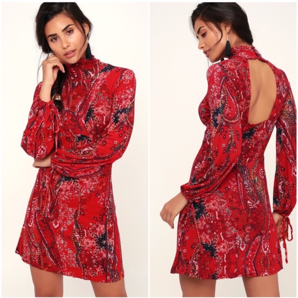 FREE PEOPLE All Dolled Up long sleeve open back red turtleneck mini dress size S